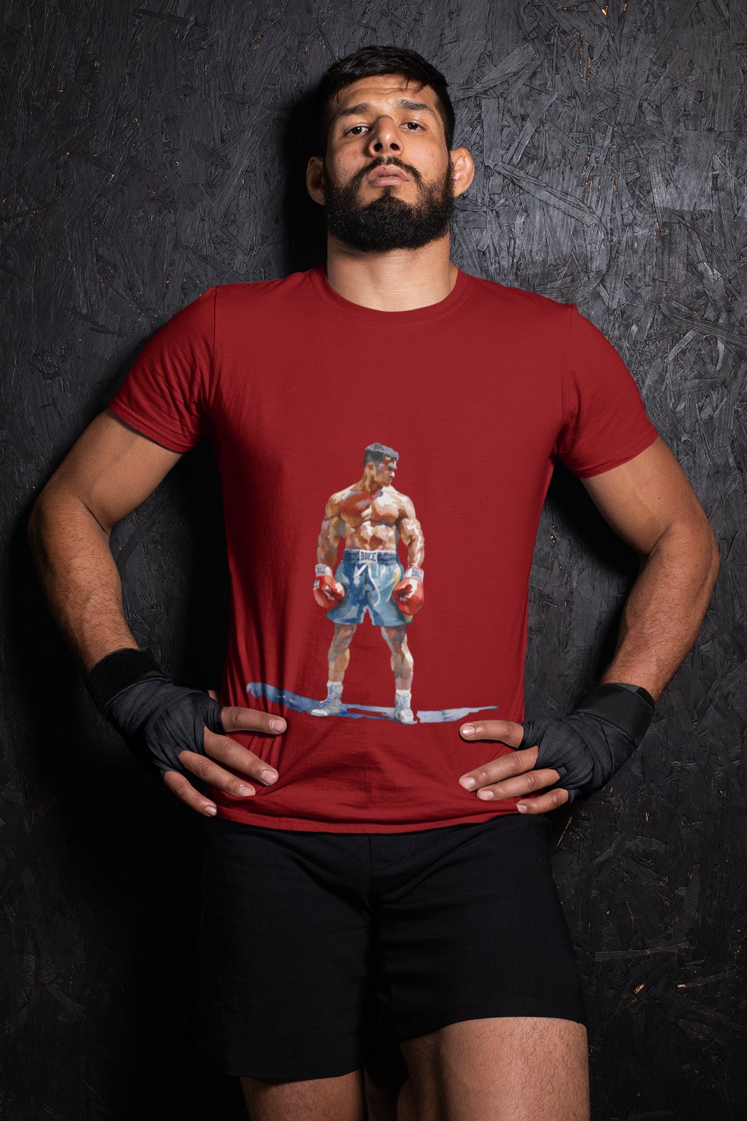 Boxer Blue Shorts Guard Up boxing t-shirt in red, wrestler shot