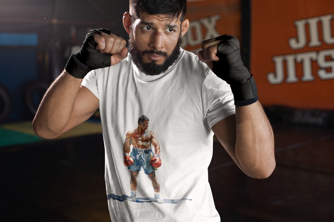 Boxer Blue Shorts Guard Up boxing t-shirt in white, sparring shot