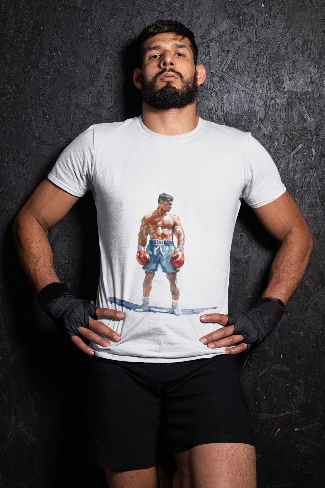 Boxer Blue Shorts Guard Up boxing t-shirt in white, wrestler shot