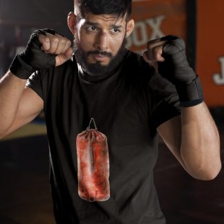 Red Heavy Bag Side View boxing t-shirt in black, sparring shot
