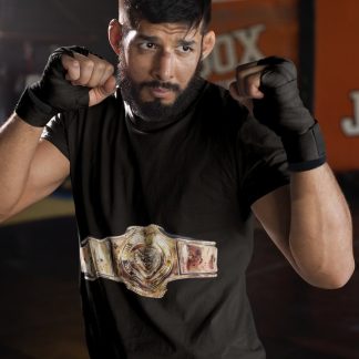 Gold Championship Belt boxing t-shirt in black, sparring shot