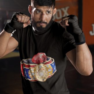 Red White Blue Championship Belt boxing t-shirt in black, sparring shot
