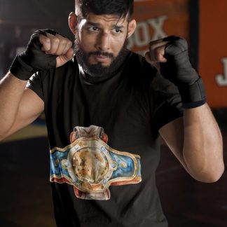 Gold Bronze Championship Belt boxing t-shirt in black, sparring shot