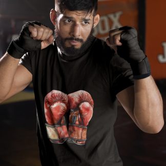 Red Gloves Crossed X Pair boxing t-shirt in black, sparring shot