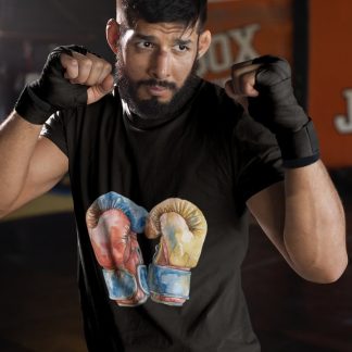 Red Yellow Gold Gloves Touching boxing t-shirt in black, sparring shot