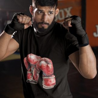 Red Gloves Laced Standing Pair boxing t-shirt in black, sparring shot