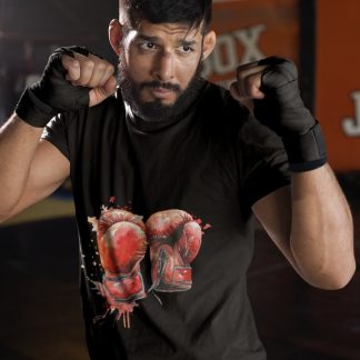 Red Gloves Fire Burst boxing t-shirt in black, sparring shot