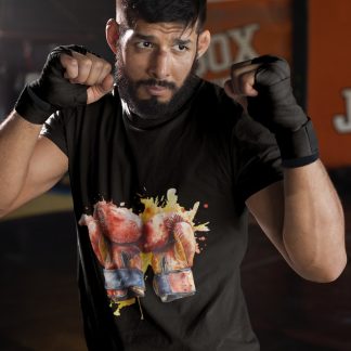 Red Gloves Yellow Splash boxing t-shirt in black, sparring shot