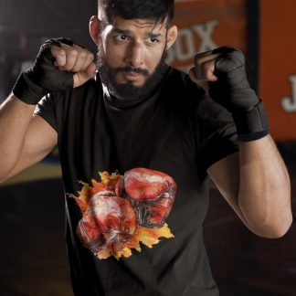 Red Gloves Autumn Splatter boxing t-shirt in black, sparring shot