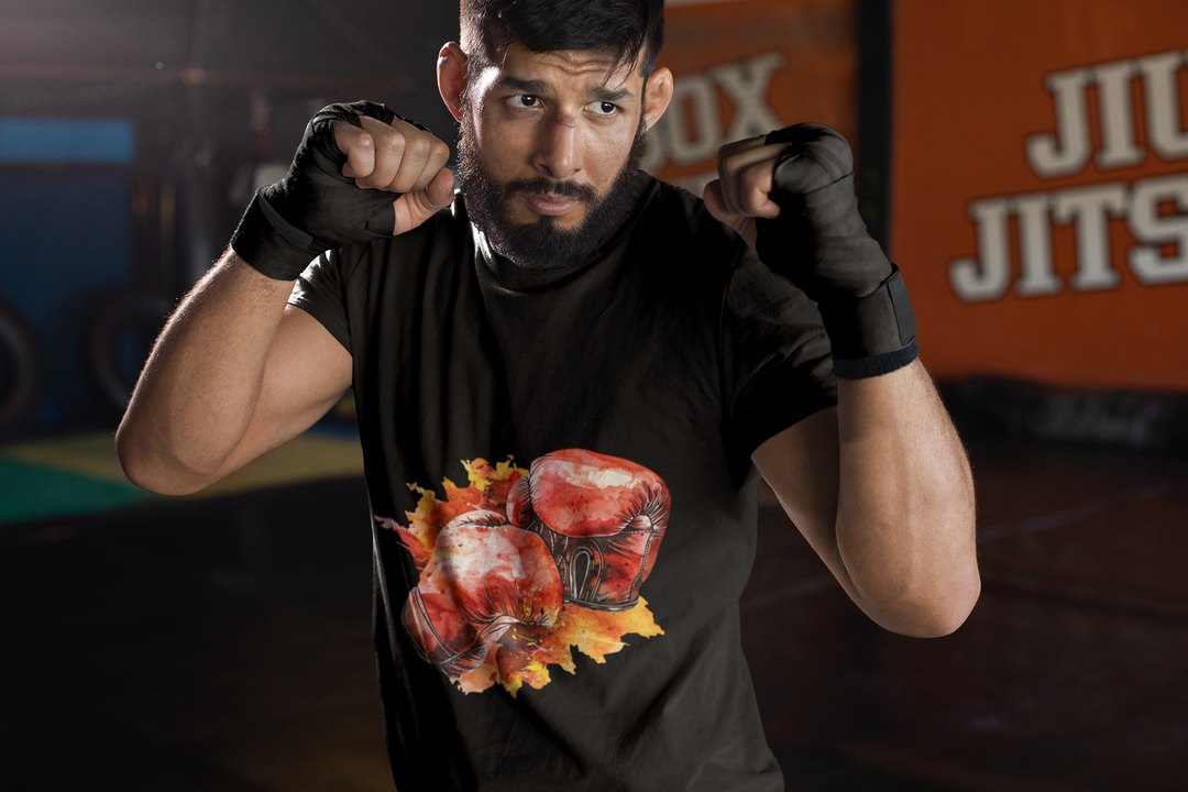 Red Gloves Autumn Splatter boxing t-shirt in black, sparring shot