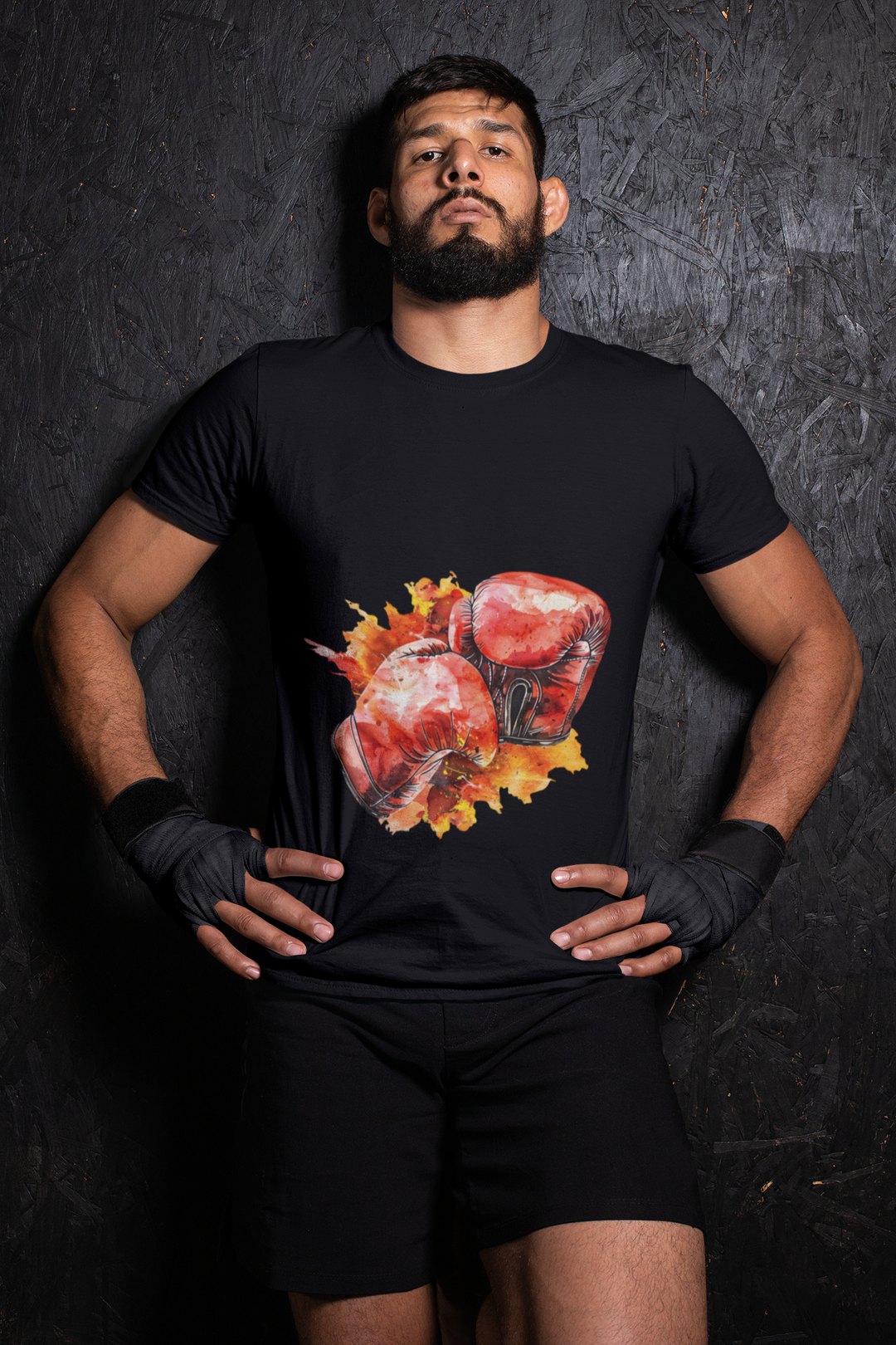 Red Gloves Autumn Splatter boxing t-shirt in black, wrestler shot