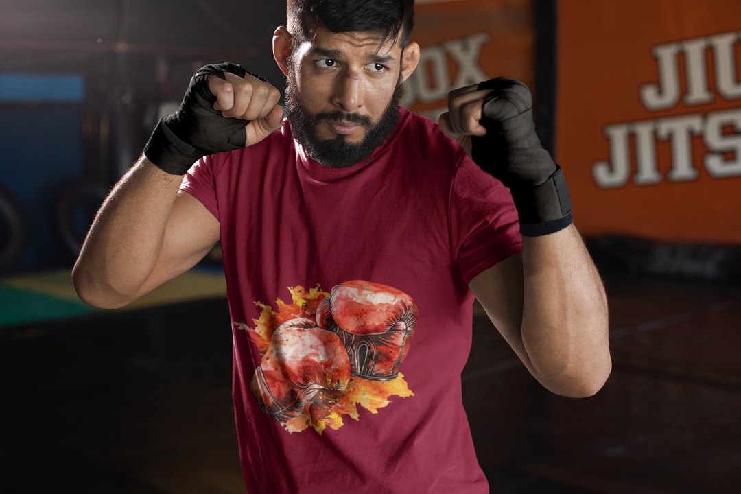 Red Gloves Autumn Splatter boxing t-shirt in burgundy, sparring shot