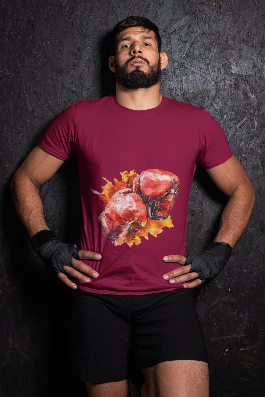 Red Gloves Autumn Splatter boxing t-shirt in burgundy, wrestler shot