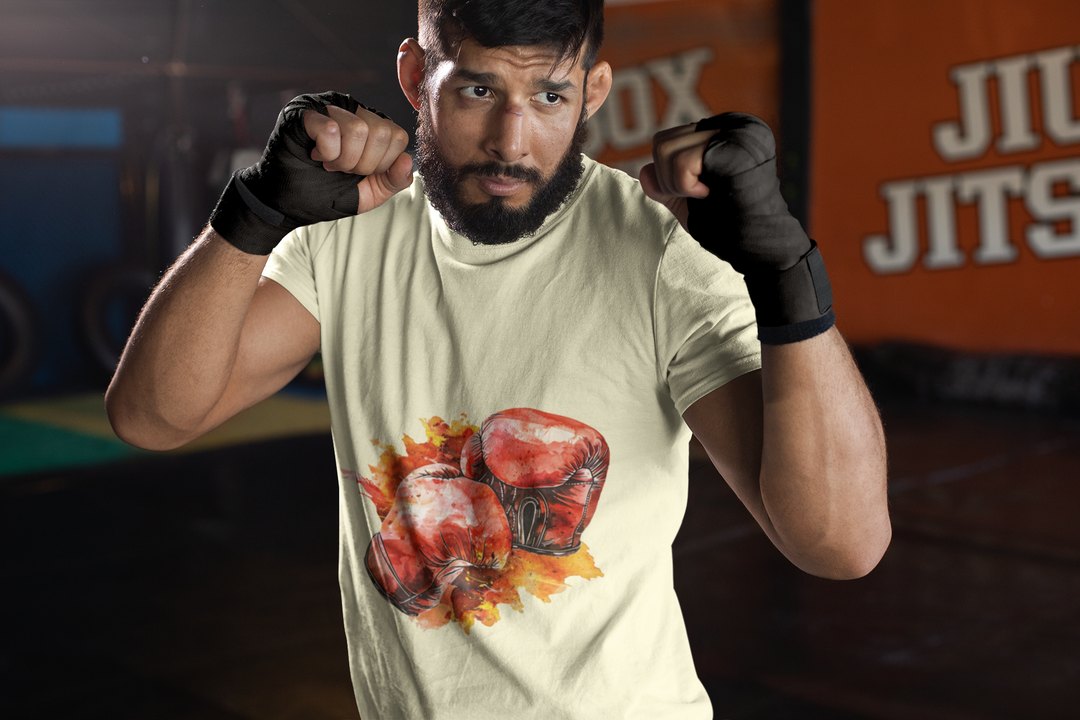 Red Gloves Autumn Splatter boxing t-shirt in cream, sparring shot