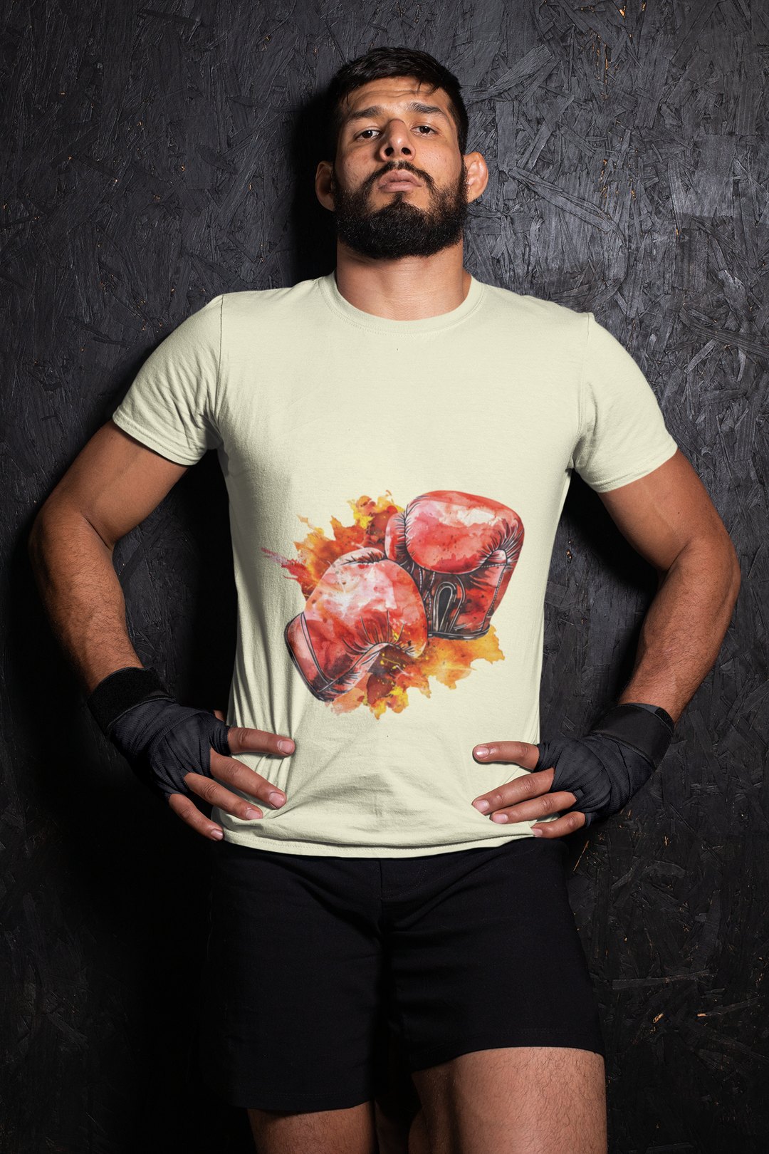 Red Gloves Autumn Splatter boxing t-shirt in cream, wrestler shot