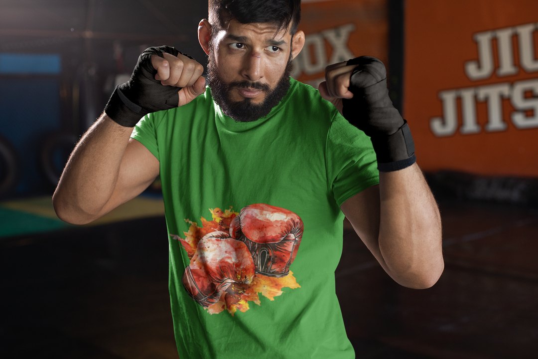 Red Gloves Autumn Splatter boxing t-shirt in forest green, sparring shot