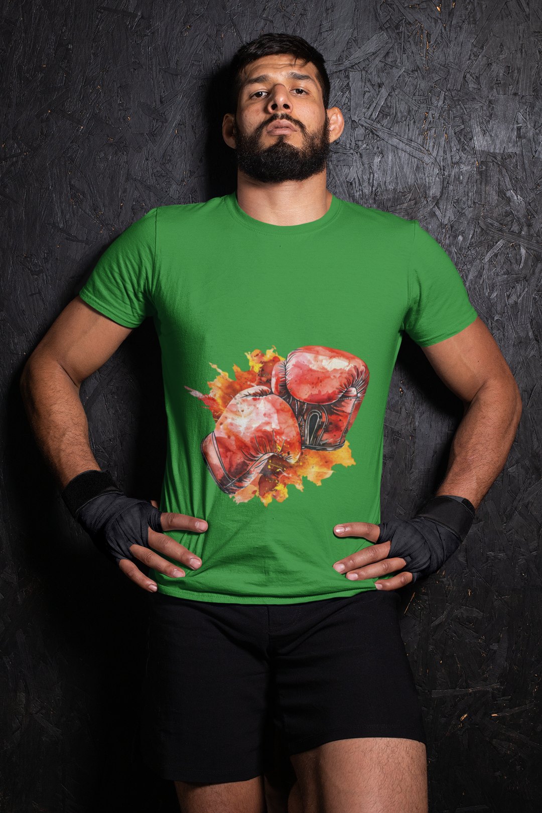 Red Gloves Autumn Splatter boxing t-shirt in forest green, wrestler shot