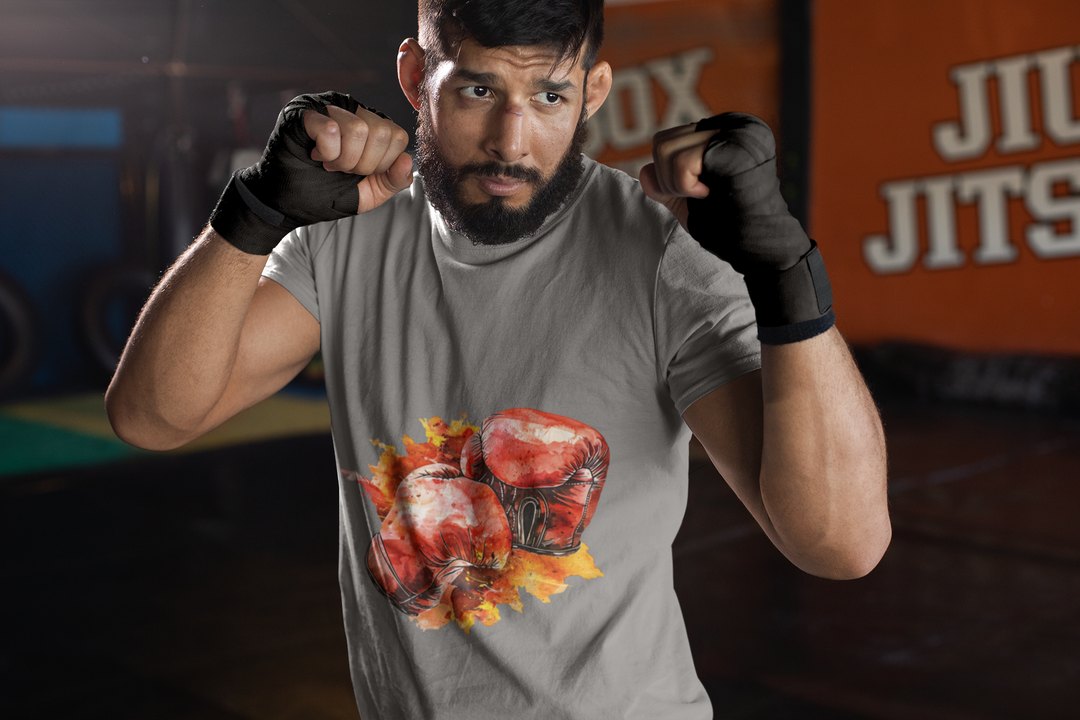 Red Gloves Autumn Splatter boxing t-shirt in grey, sparring shot