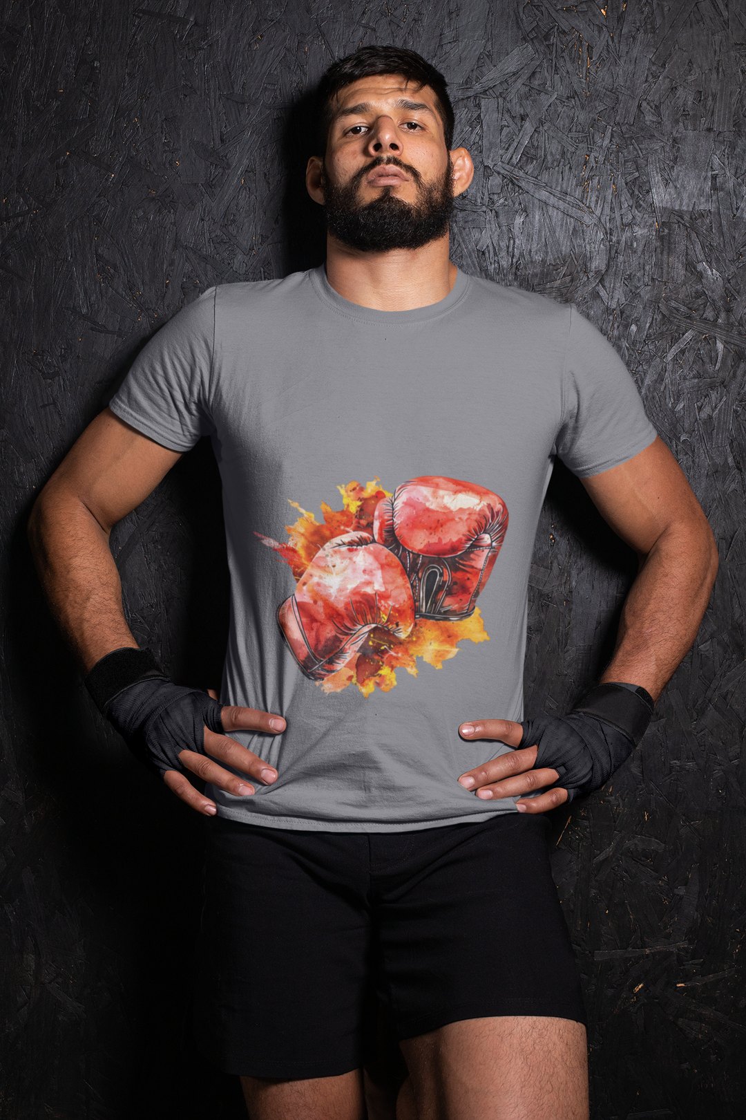 Red Gloves Autumn Splatter boxing t-shirt in grey, wrestler shot