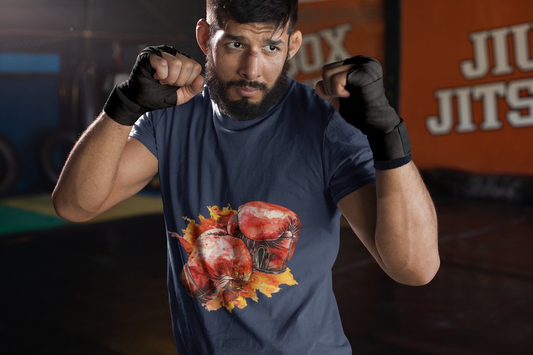 Red Gloves Autumn Splatter boxing t-shirt in navy, sparring shot