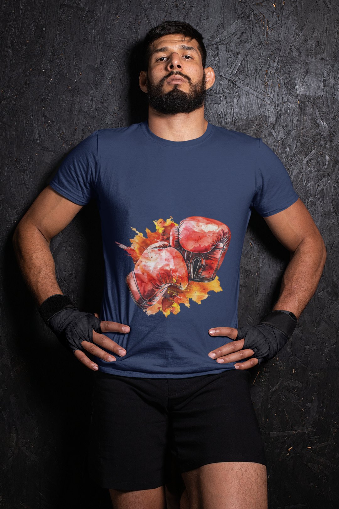Red Gloves Autumn Splatter boxing t-shirt in navy, wrestler shot