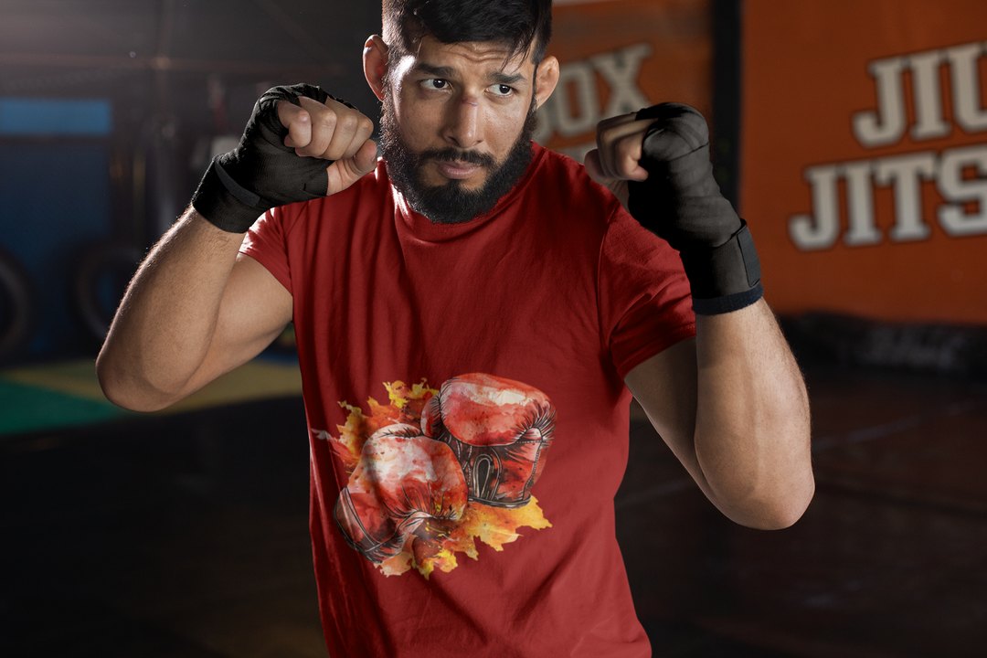 Red Gloves Autumn Splatter boxing t-shirt in red, sparring shot