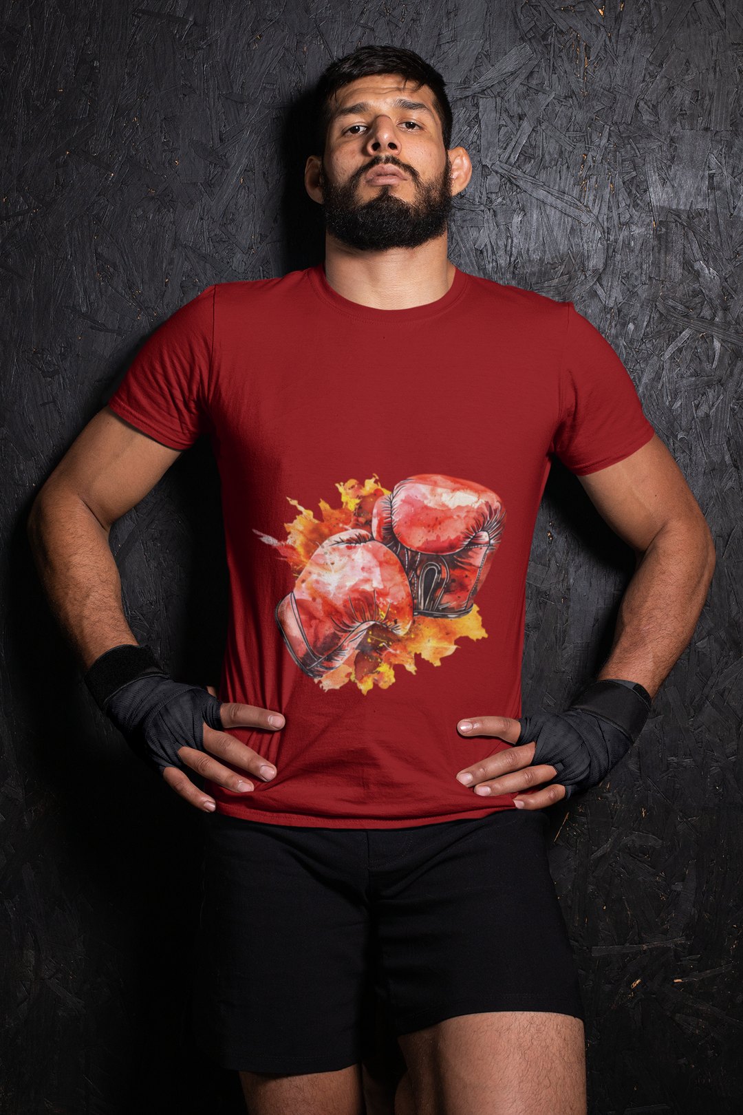 Red Gloves Autumn Splatter boxing t-shirt in red, wrestler shot