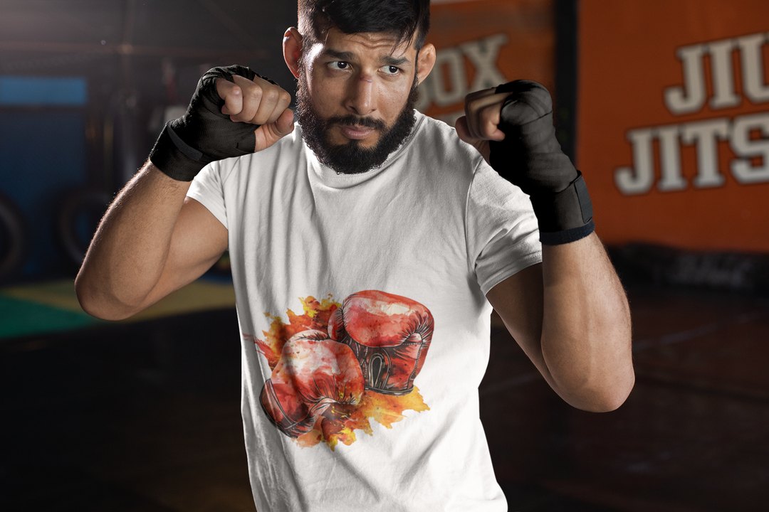 Red Gloves Autumn Splatter boxing t-shirt in white, sparring shot