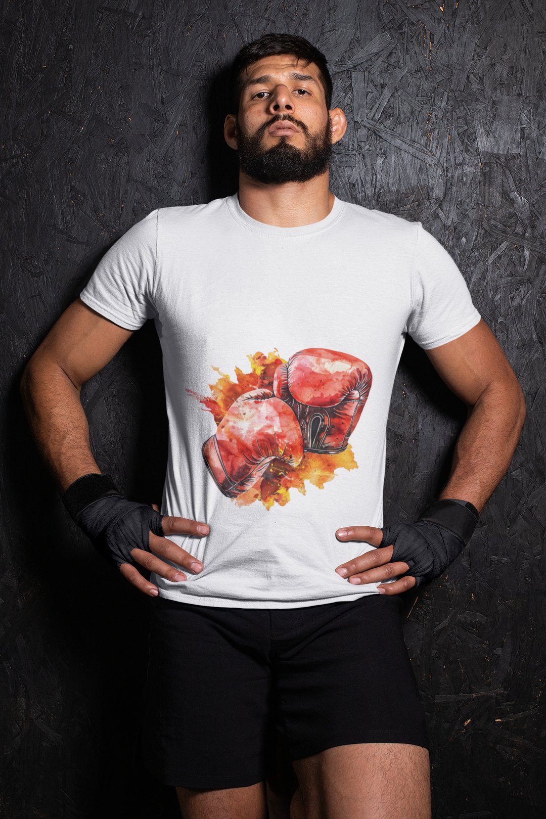 Red Gloves Autumn Splatter boxing t-shirt in white, wrestler shot