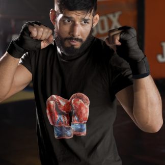 Red Gloves Pair Drip boxing t-shirt in black, sparring shot