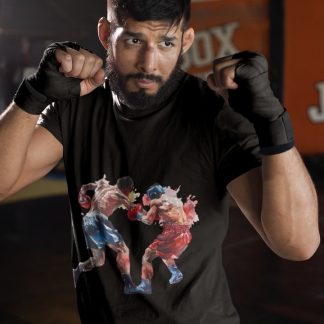 Boxers Red Blue Explosive Uppercut boxing t-shirt in black, sparring shot