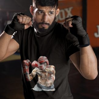 Boxer Seated Red Gloves Close Combat boxing t-shirt in black, sparring shot