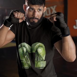 Green Boxing Gloves Standing Pair boxing t-shirt in black, sparring shot