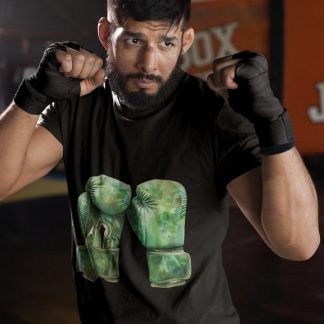 Green Boxing Gloves Crossed Side boxing t-shirt in black, sparring shot