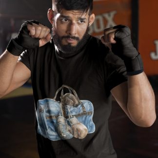 Blue Gym Bag Side View boxing t-shirt in black, sparring shot