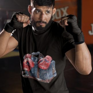 Red Blue Gym Bag Gloves boxing t-shirt in black, sparring shot