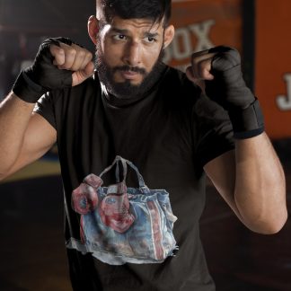 Blue Gym Bag Red Gloves boxing t-shirt in black, sparring shot