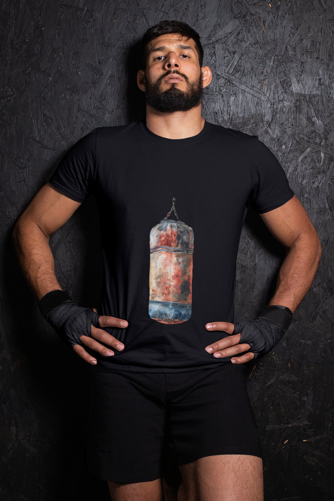 Red Orange Heavy Bag Worn boxing t-shirt in black, wrestler shot