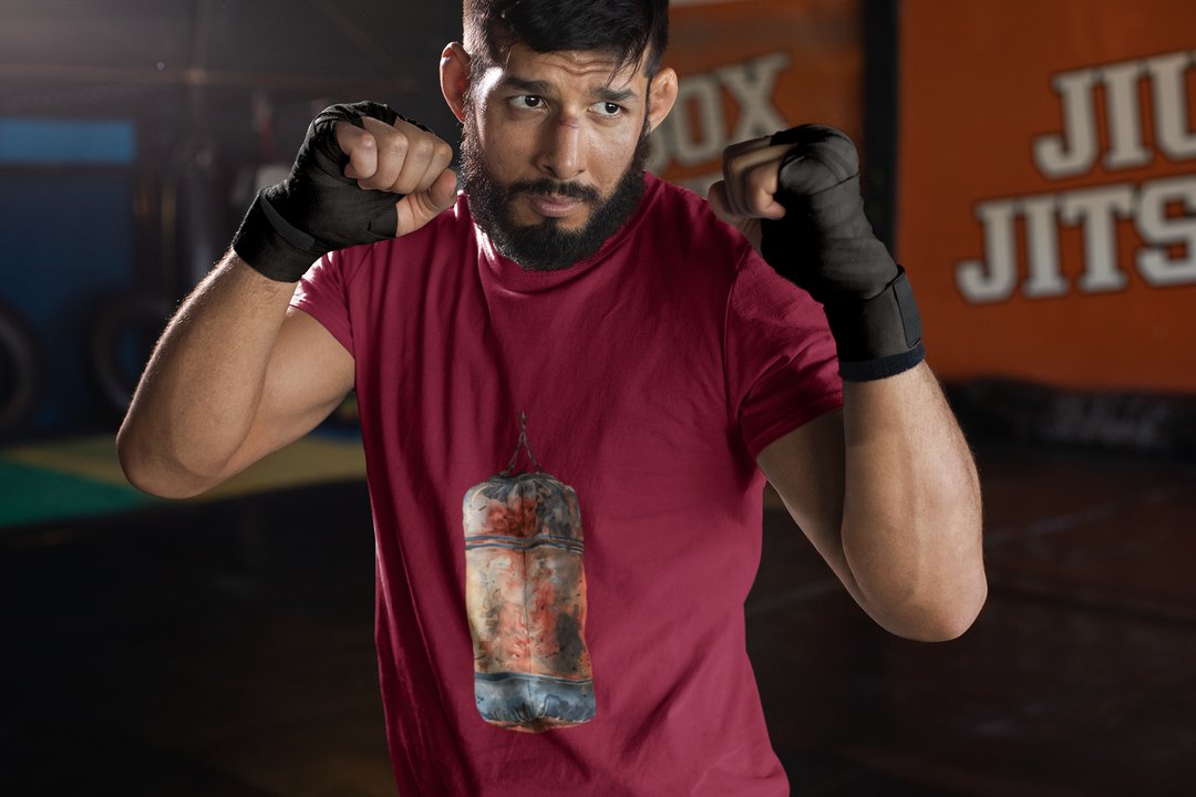 Red Orange Heavy Bag Worn boxing t-shirt in burgundy, sparring shot