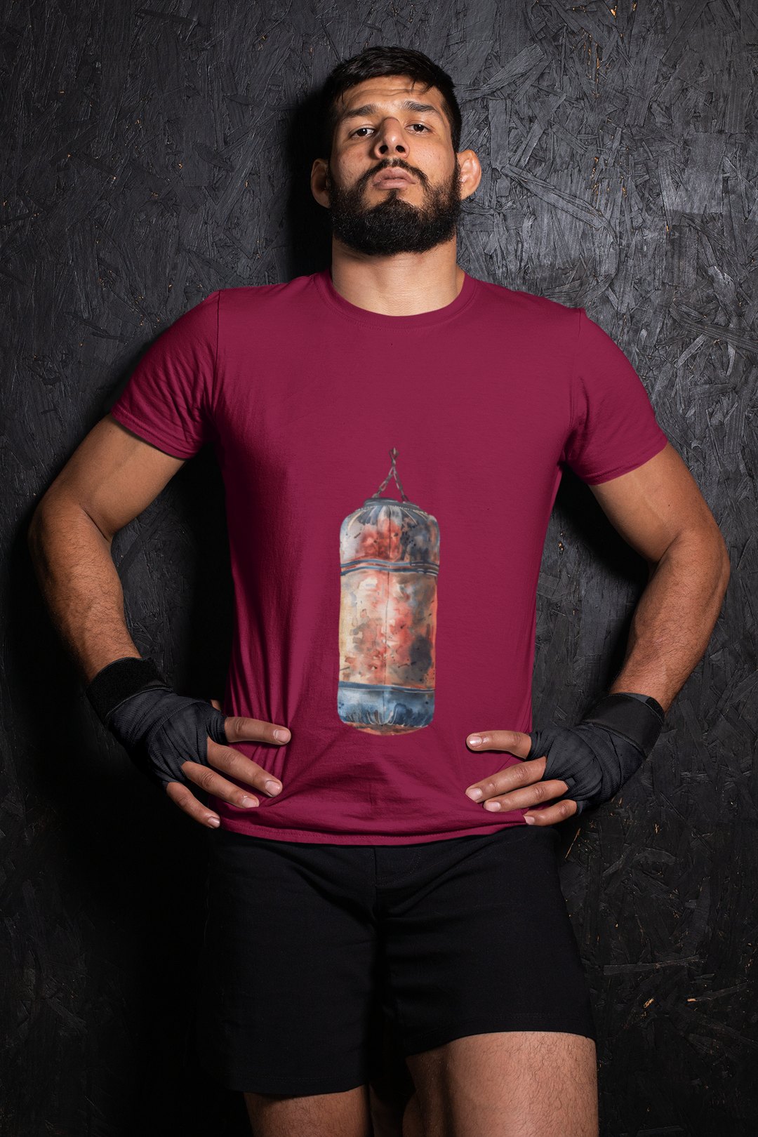 Red Orange Heavy Bag Worn boxing t-shirt in burgundy, wrestler shot