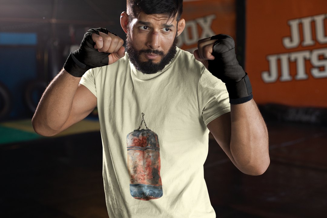 Red Orange Heavy Bag Worn boxing t-shirt in cream, sparring shot