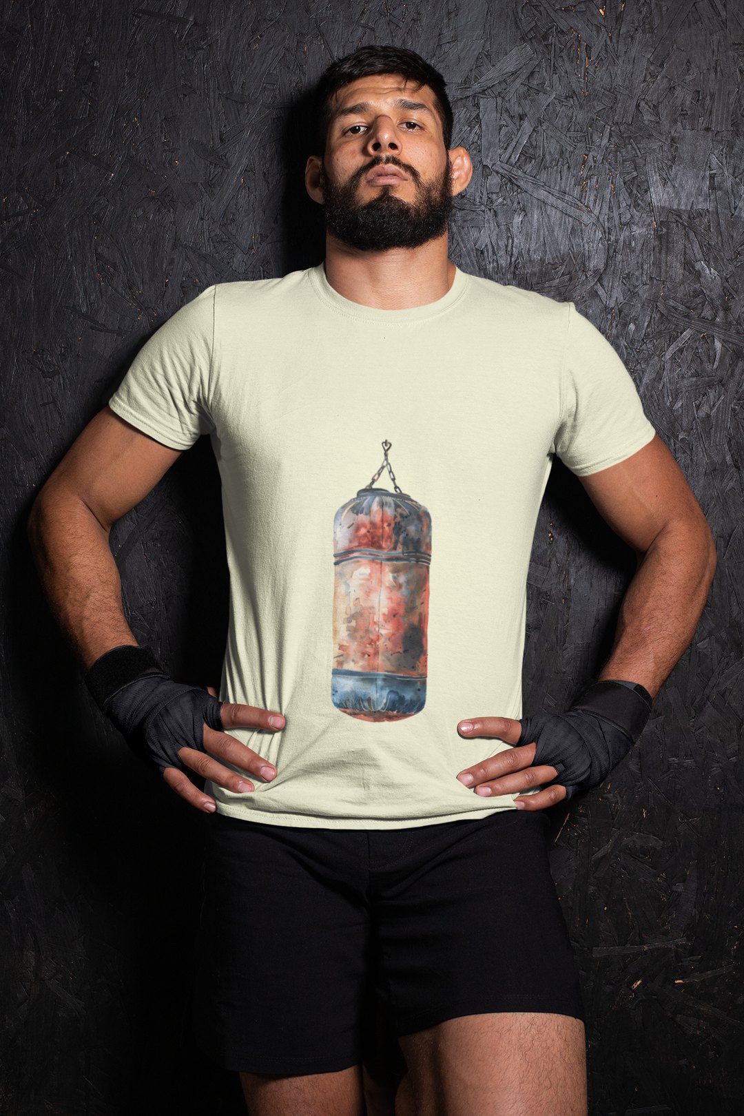 Red Orange Heavy Bag Worn boxing t-shirt in cream, wrestler shot
