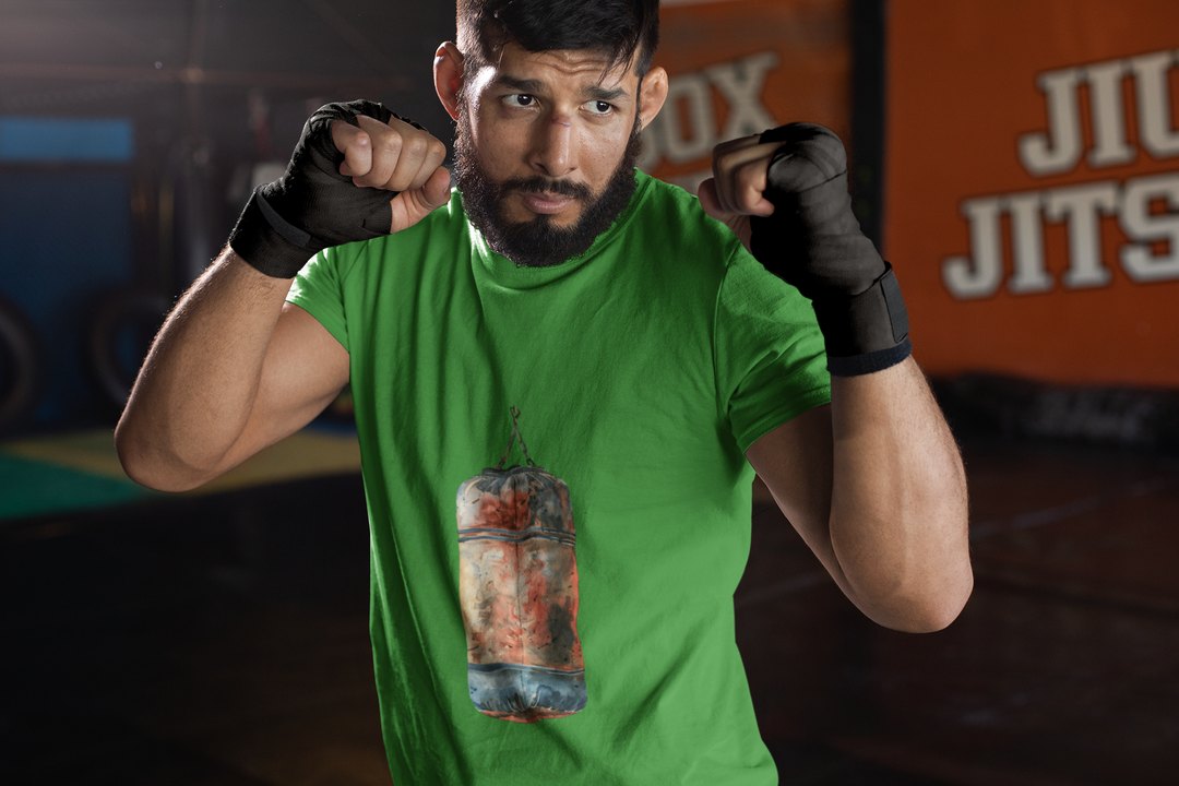 Red Orange Heavy Bag Worn boxing t-shirt in forest green, sparring shot