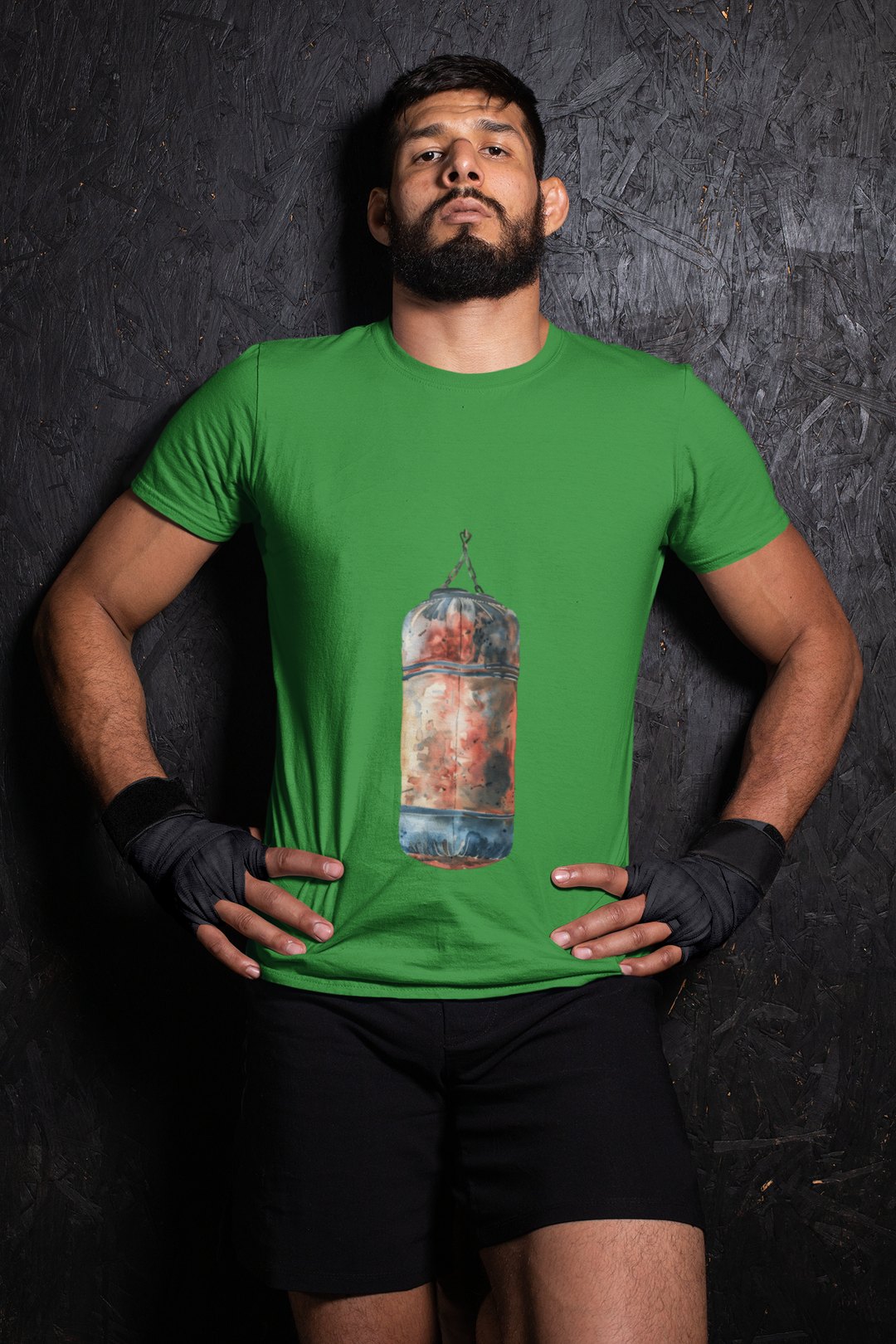 Red Orange Heavy Bag Worn boxing t-shirt in forest green, wrestler shot
