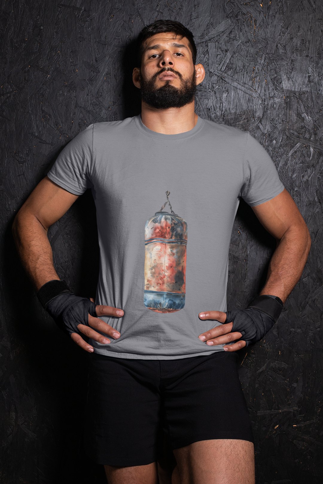 Red Orange Heavy Bag Worn boxing t-shirt in grey, wrestler shot
