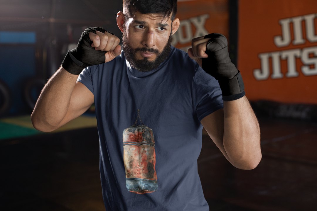Red Orange Heavy Bag Worn boxing t-shirt in navy, sparring shot