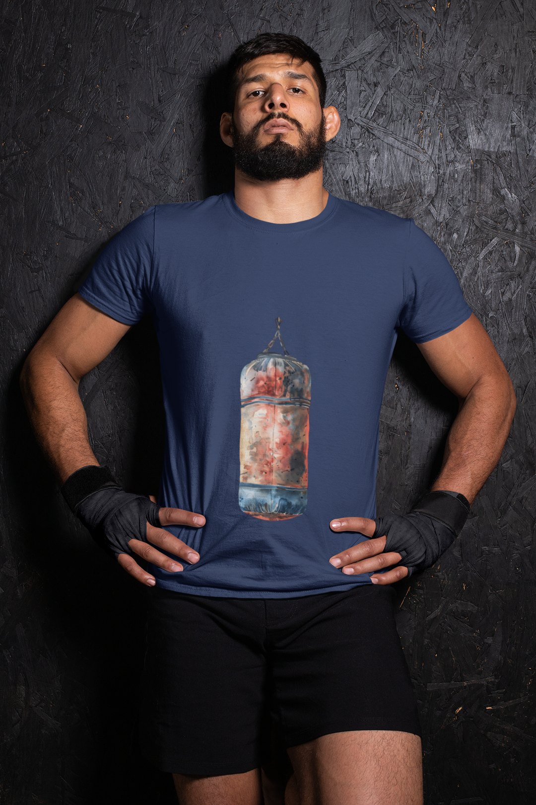 Red Orange Heavy Bag Worn boxing t-shirt in navy, wrestler shot