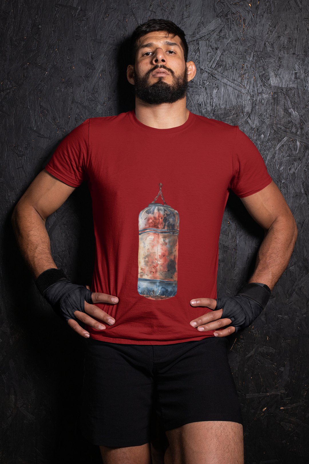 Red Orange Heavy Bag Worn boxing t-shirt in red, wrestler shot