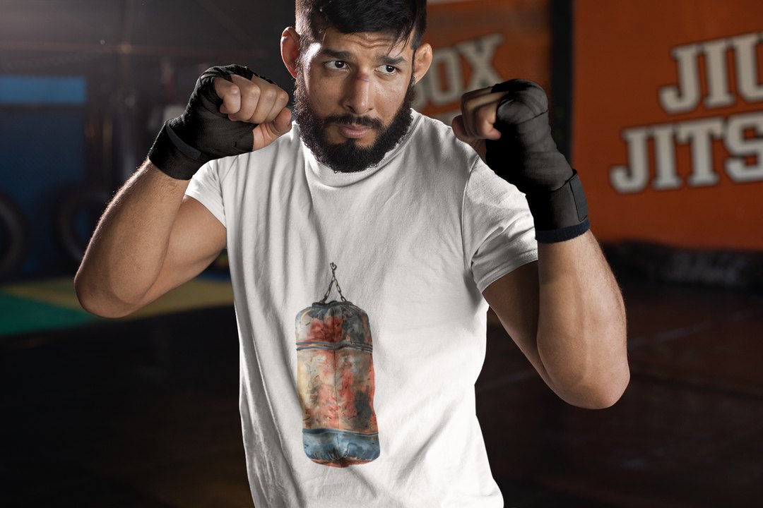 Red Orange Heavy Bag Worn boxing t-shirt in white, sparring shot