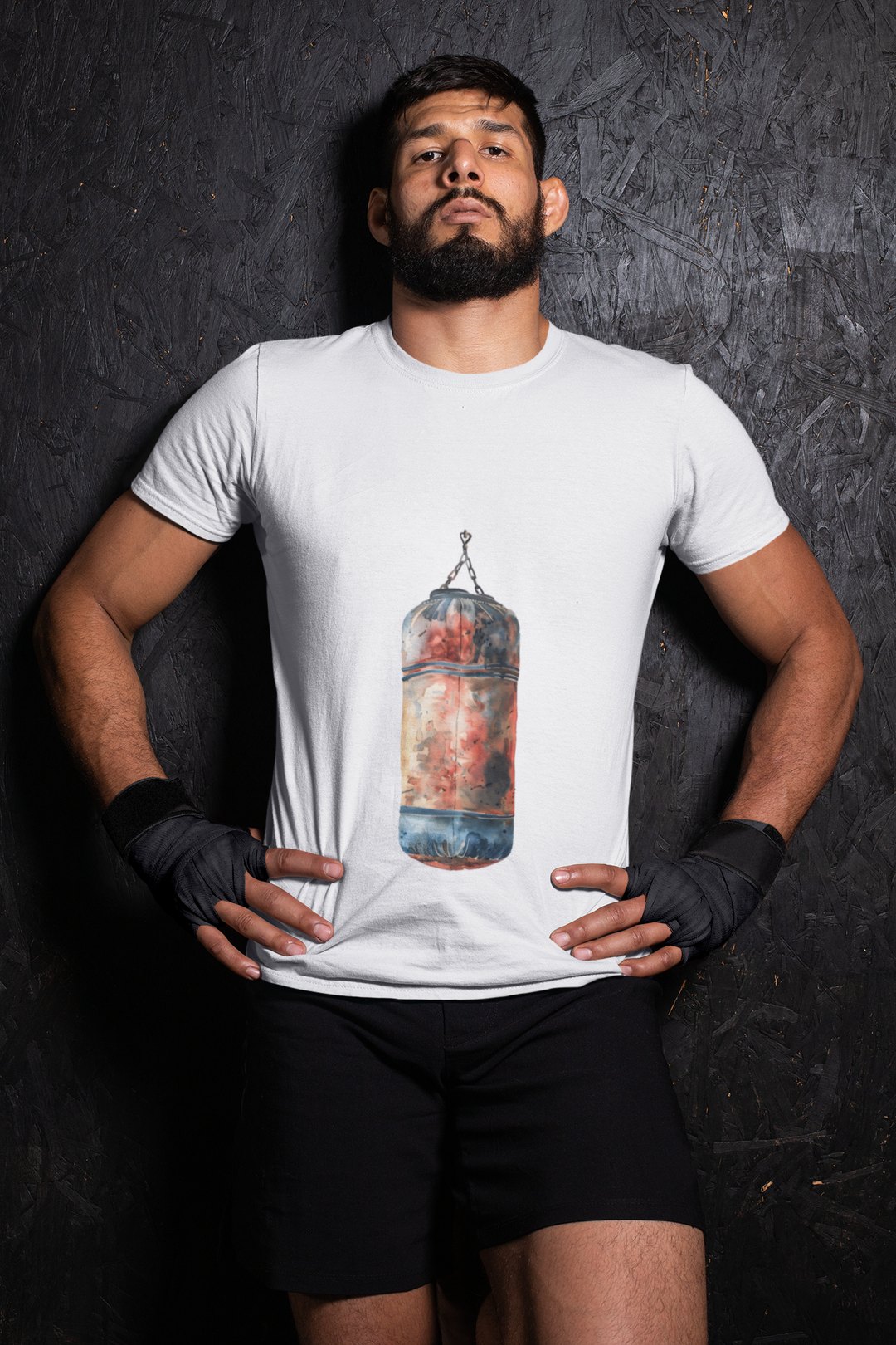 Red Orange Heavy Bag Worn boxing t-shirt in white, wrestler shot